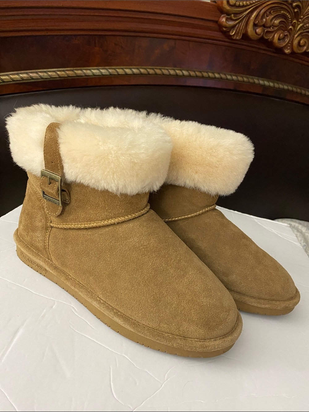 BearPaw Women's Suede Shearling Cuff Ankle Booties in Camel 1257W-ABBY SIZE 10 - Picture 2 of 14